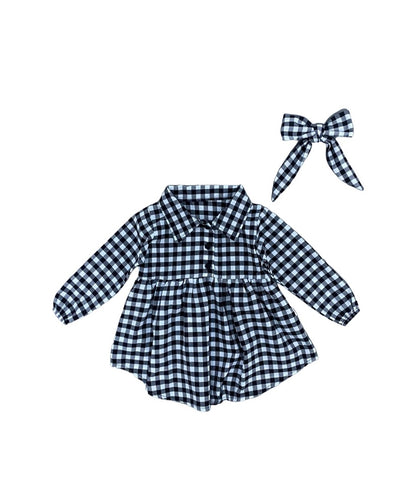 Baby Half Button Front Plaid Patterned Dress And Hair Band