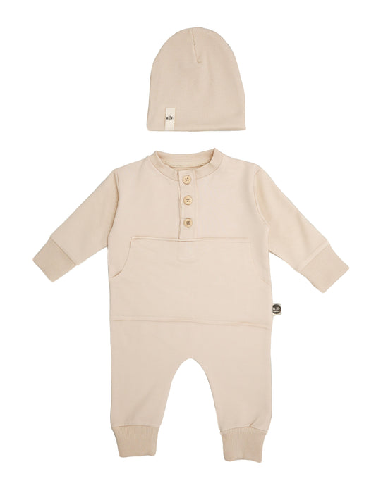 Baby Front Kangaroo Pocket And Buttoned Overalls-Beanie Set of 2