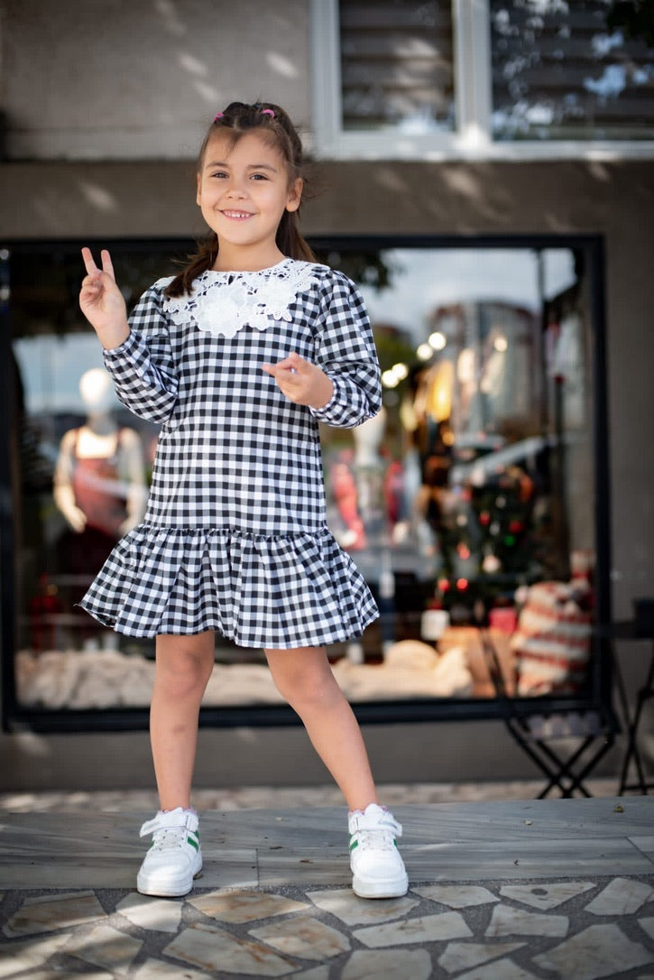 Children's Lace Front Plaid Patterned Dress