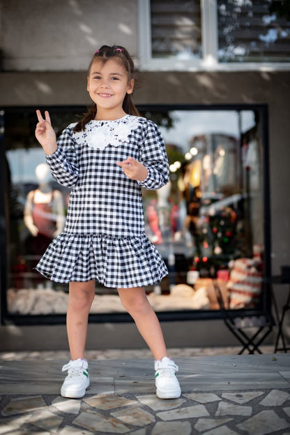 Children's Lace Front Plaid Patterned Dress