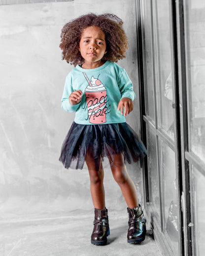 Çocuk Baskı Detaylı Kısa Üst-Kolsuz Tül Elbise Takım