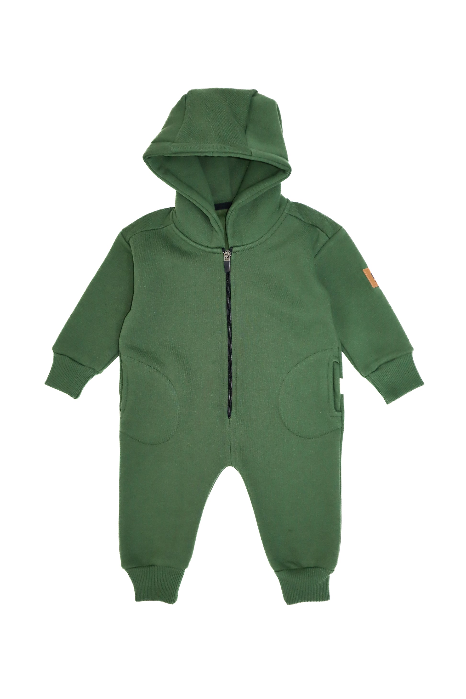 Baby Hooded Romper With Front Zipper And Pocket Detail