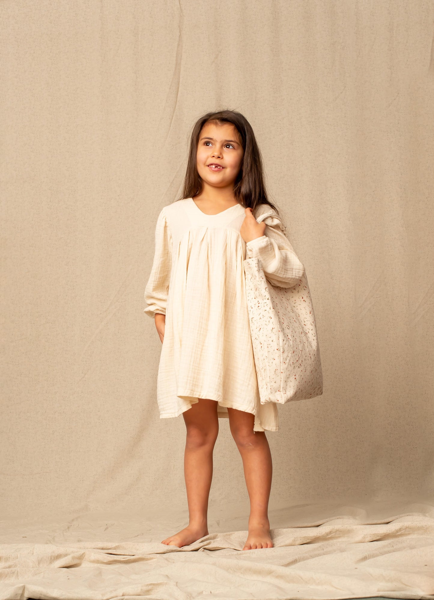 Young Girl V-Neck And Gathered 100% Organic Muslin  Dress And Buckle