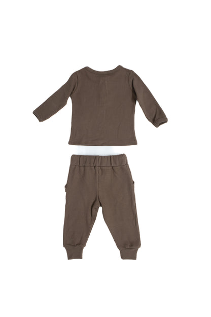 Düğme Detaylı Alt ve Üst Bebek Takım Elbise ve Bere %100 Doğal Waffle Kumaştan 