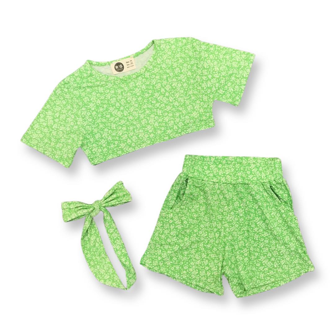 Children's 100% Cotton Floral Patterned Shorts-Top Set and Headband