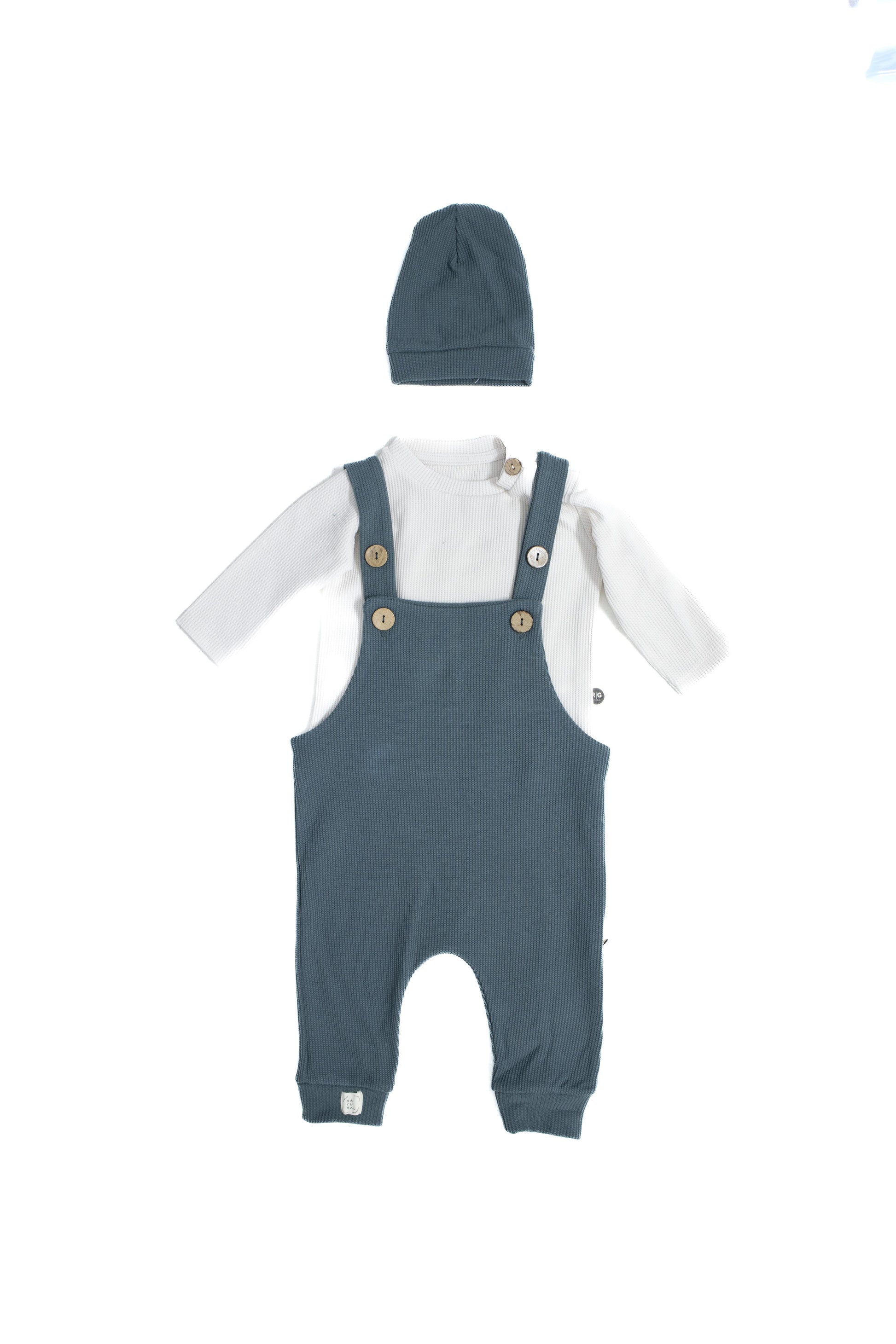 Baby 100% Natural Waffle Fabric Overalls, T-Shirt and Beanie Set 3 Pieces