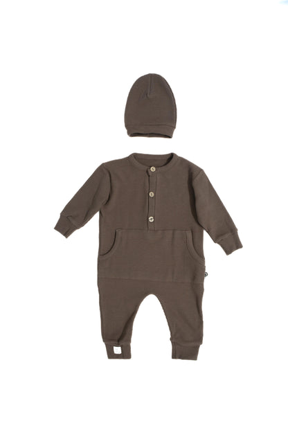 Baby 100% Natural Waffle Half Buttoned Jumpsuit and Beanie