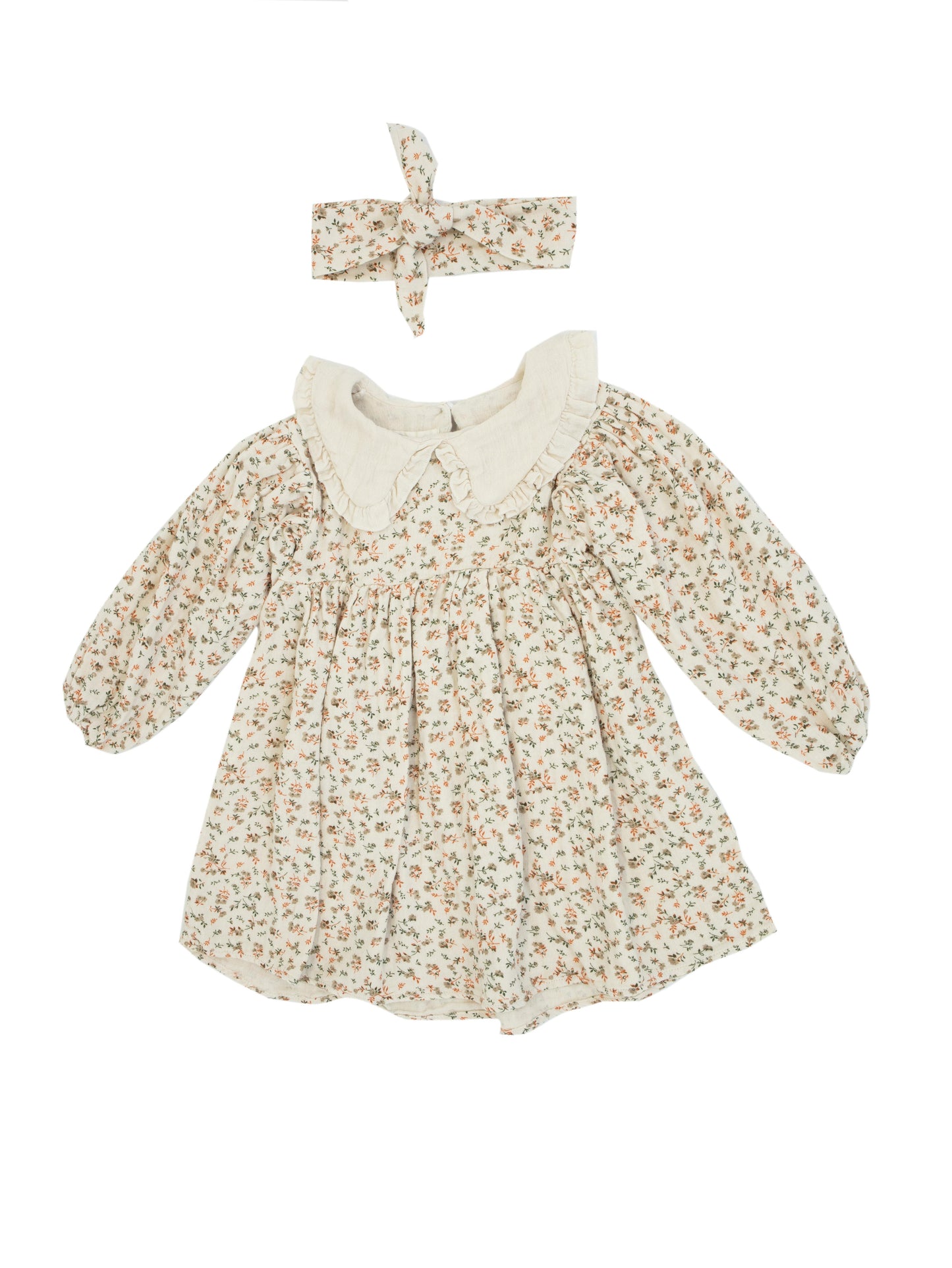 Kids 100% Organic Muslin Long Sleeve Baby Collar Pleated Dress