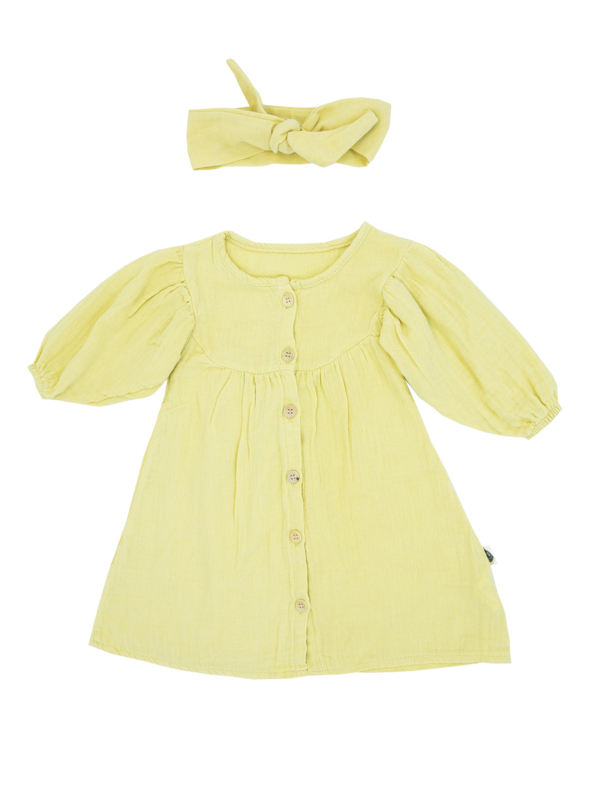 Baby 100% Organic Muslin Front Buttoned Pleated Dress and Headband