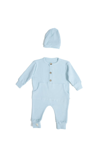 Baby 100% Natural Waffle Half Buttoned Jumpsuit and Beanie