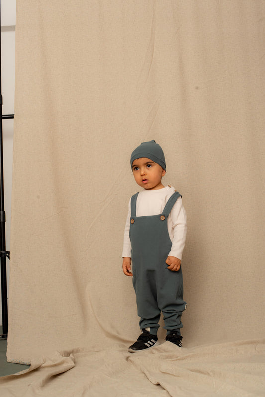Baby 100% Natural Waffle Fabric Overalls, T-Shirt and Beanie 